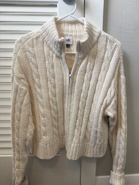 CAbi Cream Cable Zip-Front Cropped Sweater